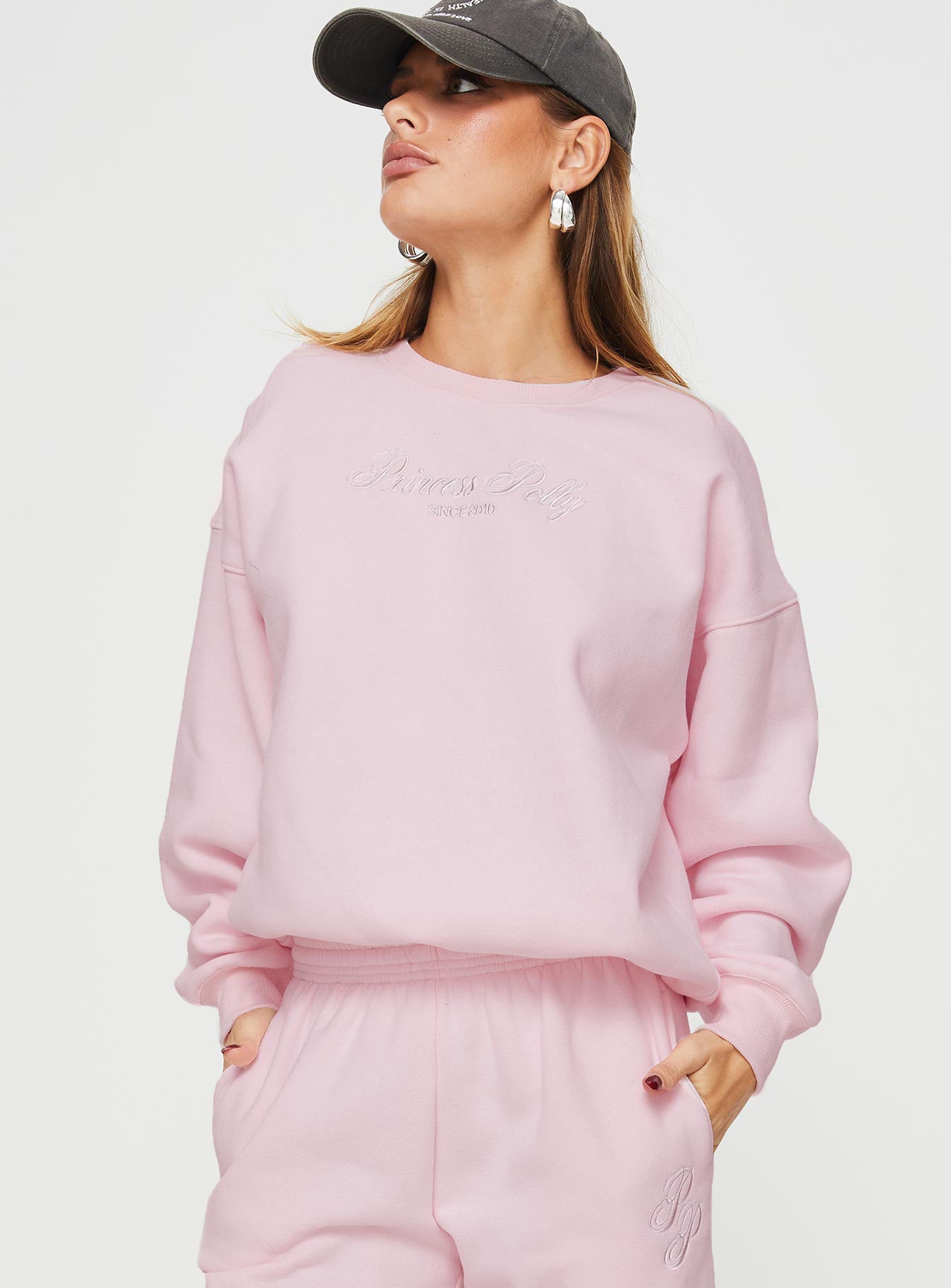Princess Polly Crew Neck Sweatshirt Script Baby Pink / Grey - Image 2