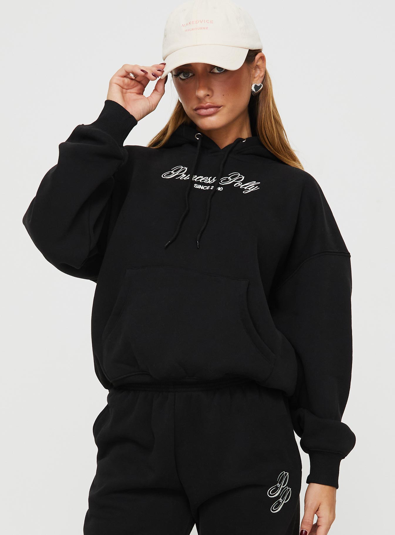 Princess Polly Hooded Sweatshirt Script Black / Ivory - Image 2