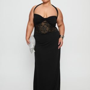 Adalyne Lace Halter Maxi Dress Black Curve