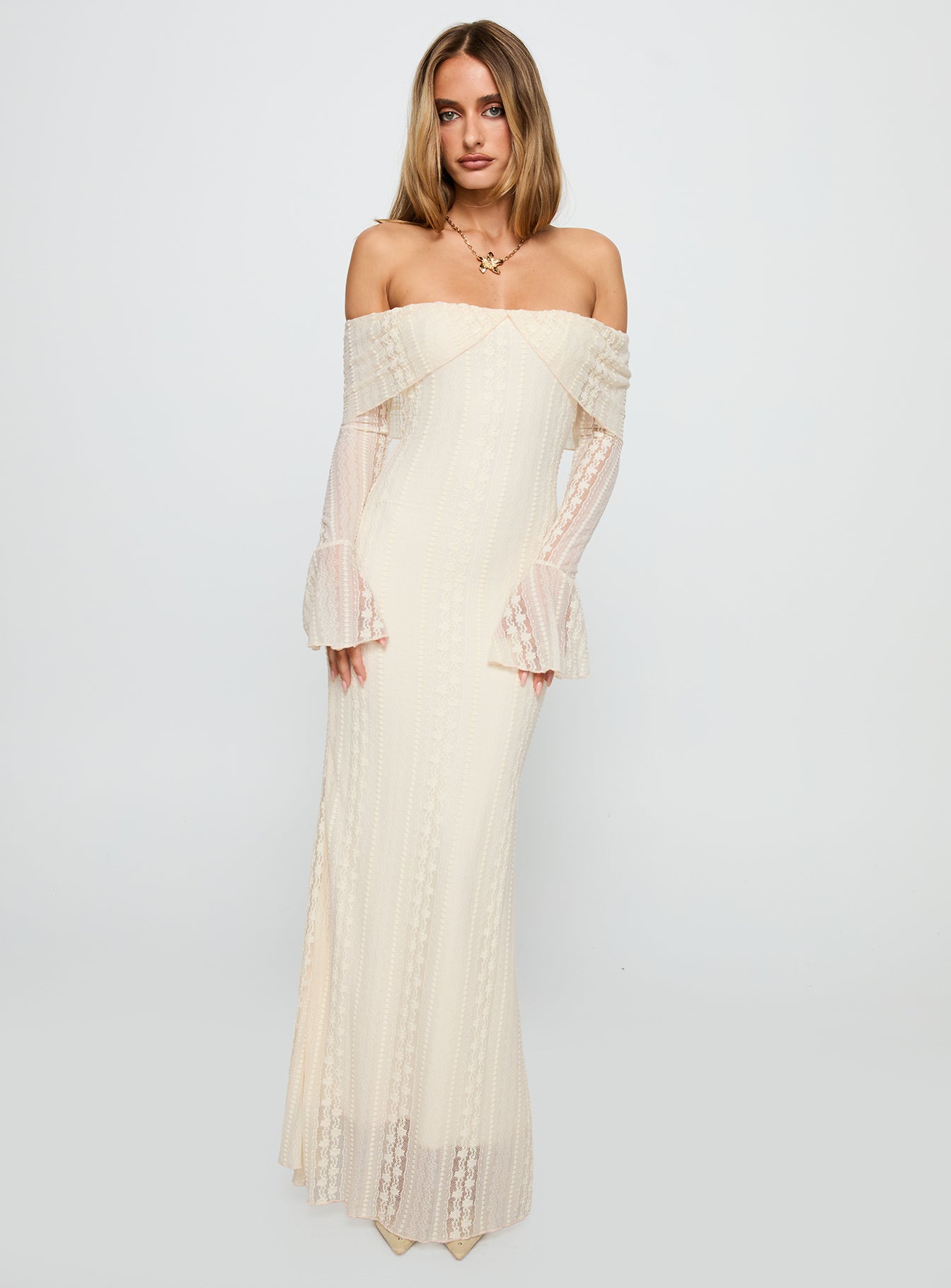 Perdita Long Sleeve Lace Maxi Dress Cream - Image 2