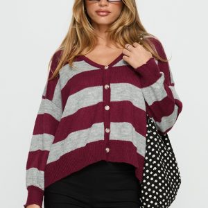 Devvon V Neck Knit Cardigan Red Stripe