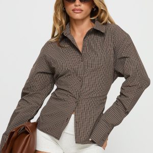Xinia Tie Waist Long Sleeve Shirt Brown Check