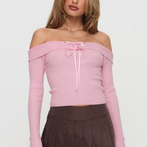 Nighttime Off Shoulder Knit Top Pink