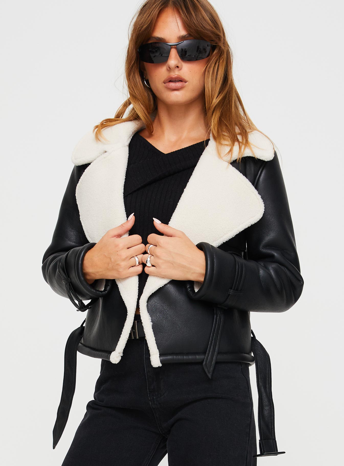 Nathalia Shearling Aviator Jacket Black - Image 2