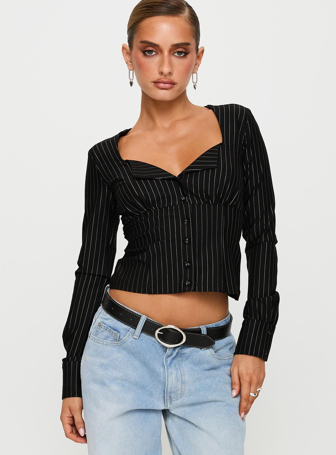 Set For Life Foldover Detail Long Sleeve Top Black / White Pinstripe - Image 2