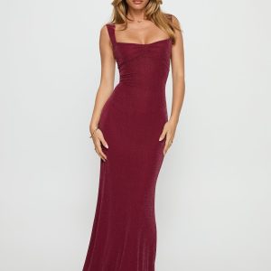 Crisanto Tie Up Ruched Maxi Dress Burgundy