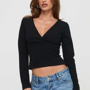 Aeva Long Sleeve Plunge Top Black