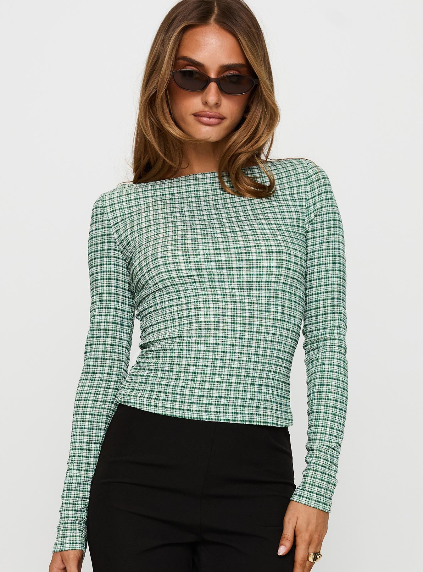 Every Second Boat Neck Long Sleeve Top Green Check - Image 2