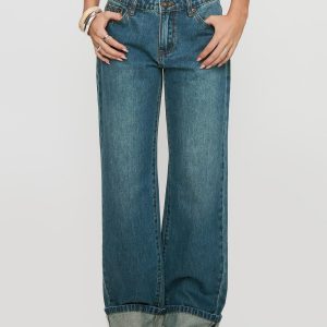 Toros Mid Rise Wide Leg Foldover Denim Jeans Mid Blue