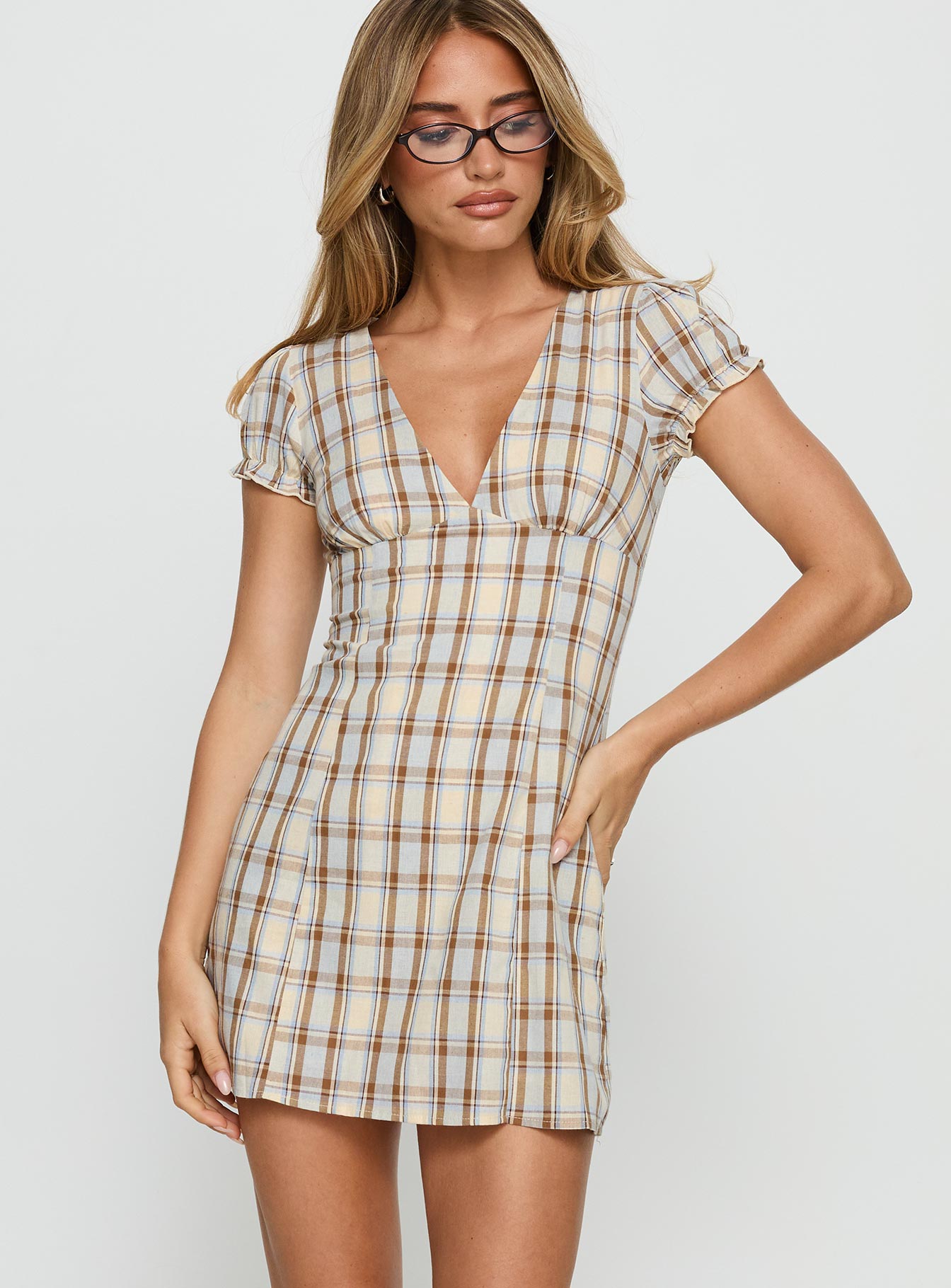 Mystee Plunge Neck Playsuit Blue Check - Image 2