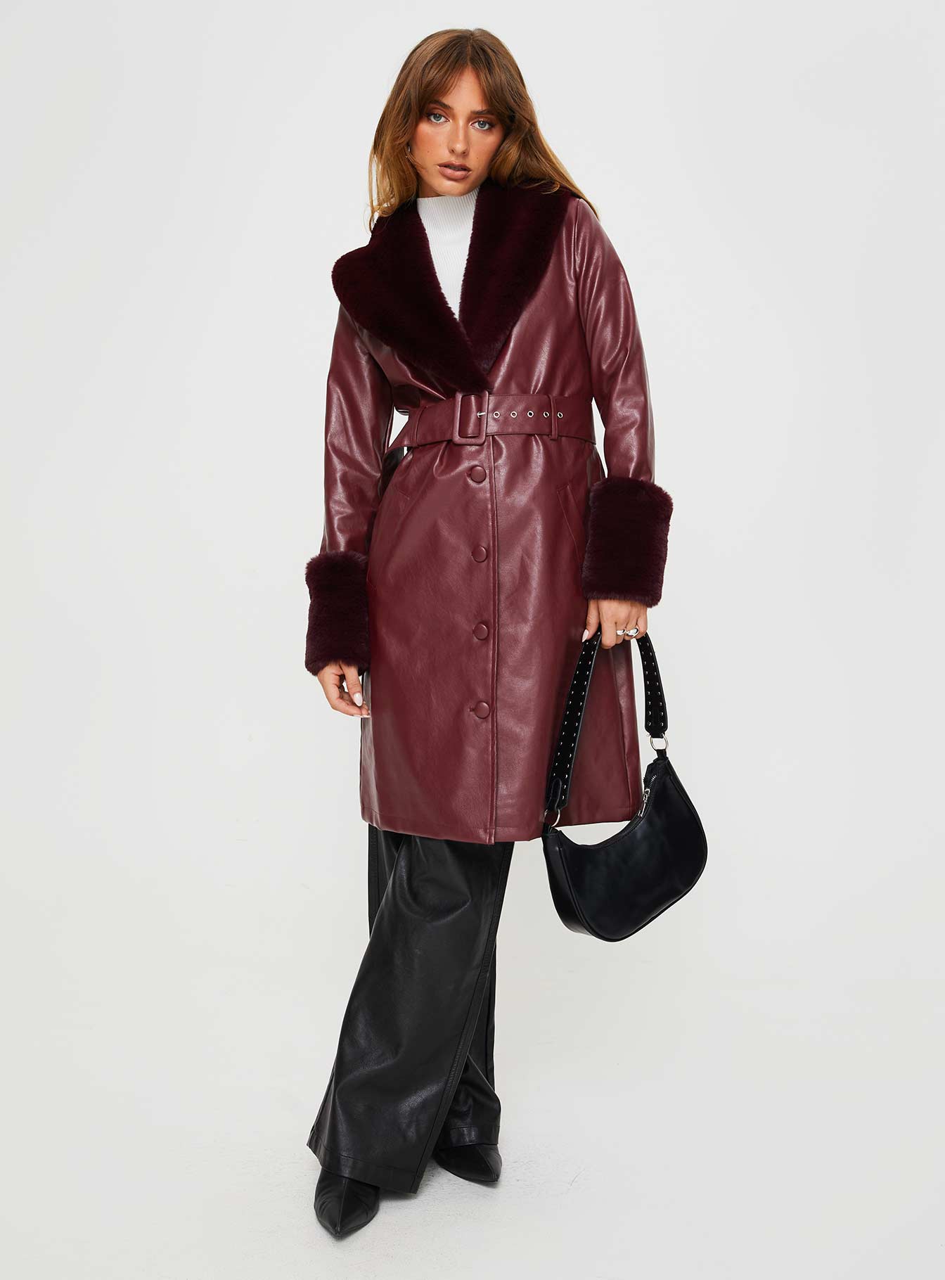 Brooklyn Faux Leather Longline Coat Burgundy - Image 2