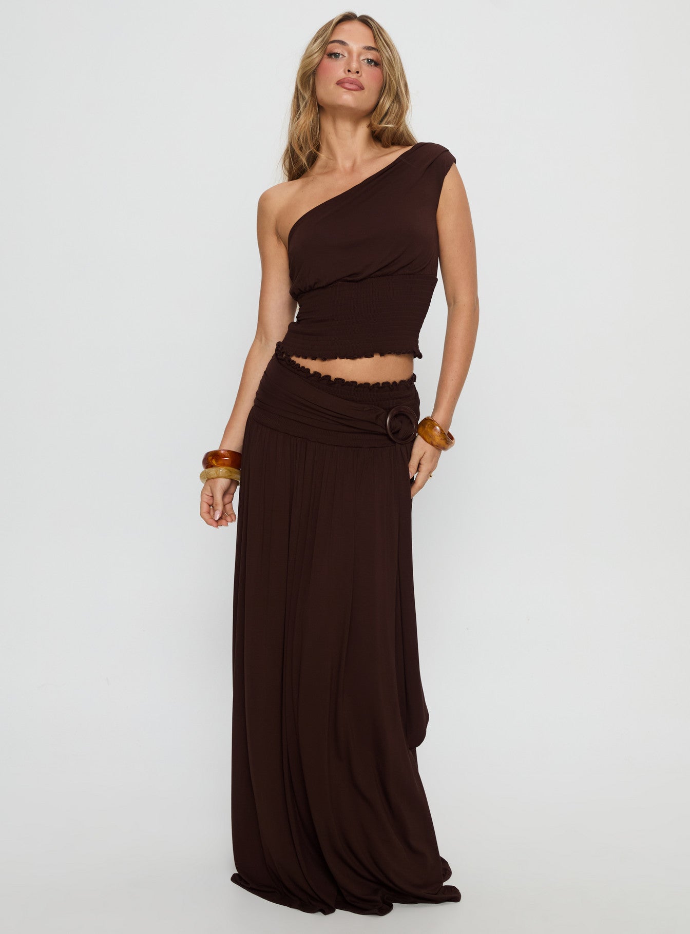 Full Orbit Shirred Maxi Skirt Chocolate Brown - Image 2