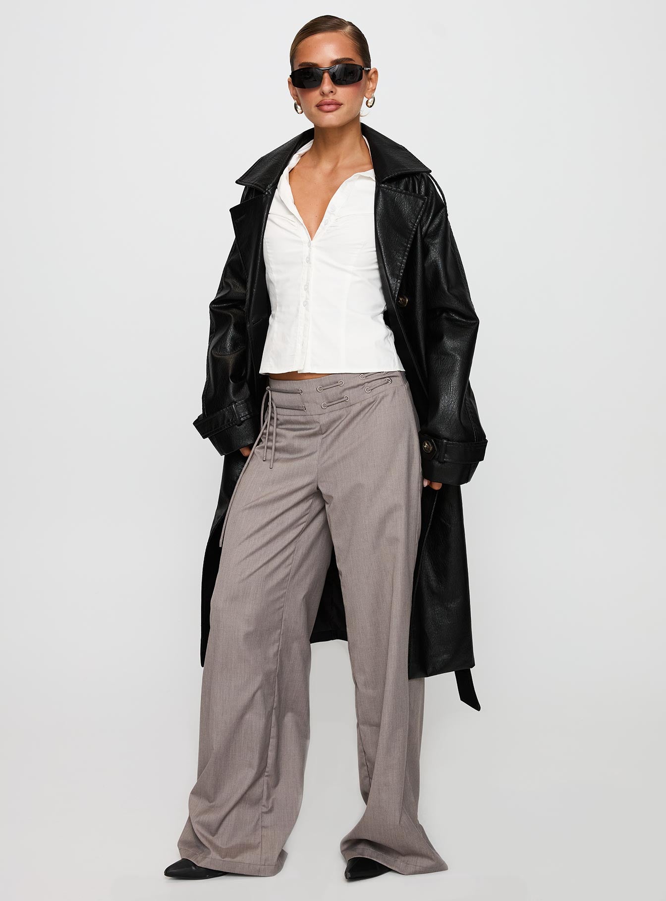 Think Later Faux Leather Trench Coat Black - Image 2