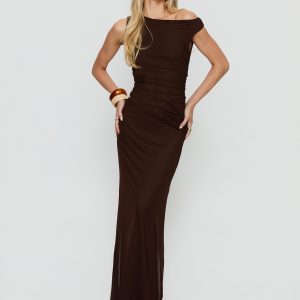 Krystyna Off Shoulder Ruched Maxi Dress Chocolate