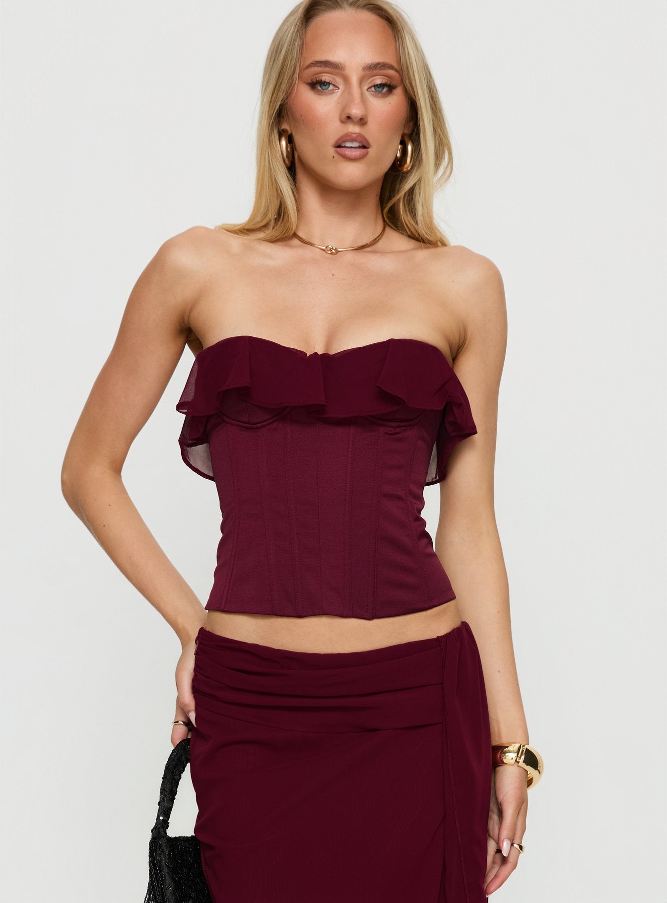 Holliann Strapless Frill Corset Top Wine - Image 2