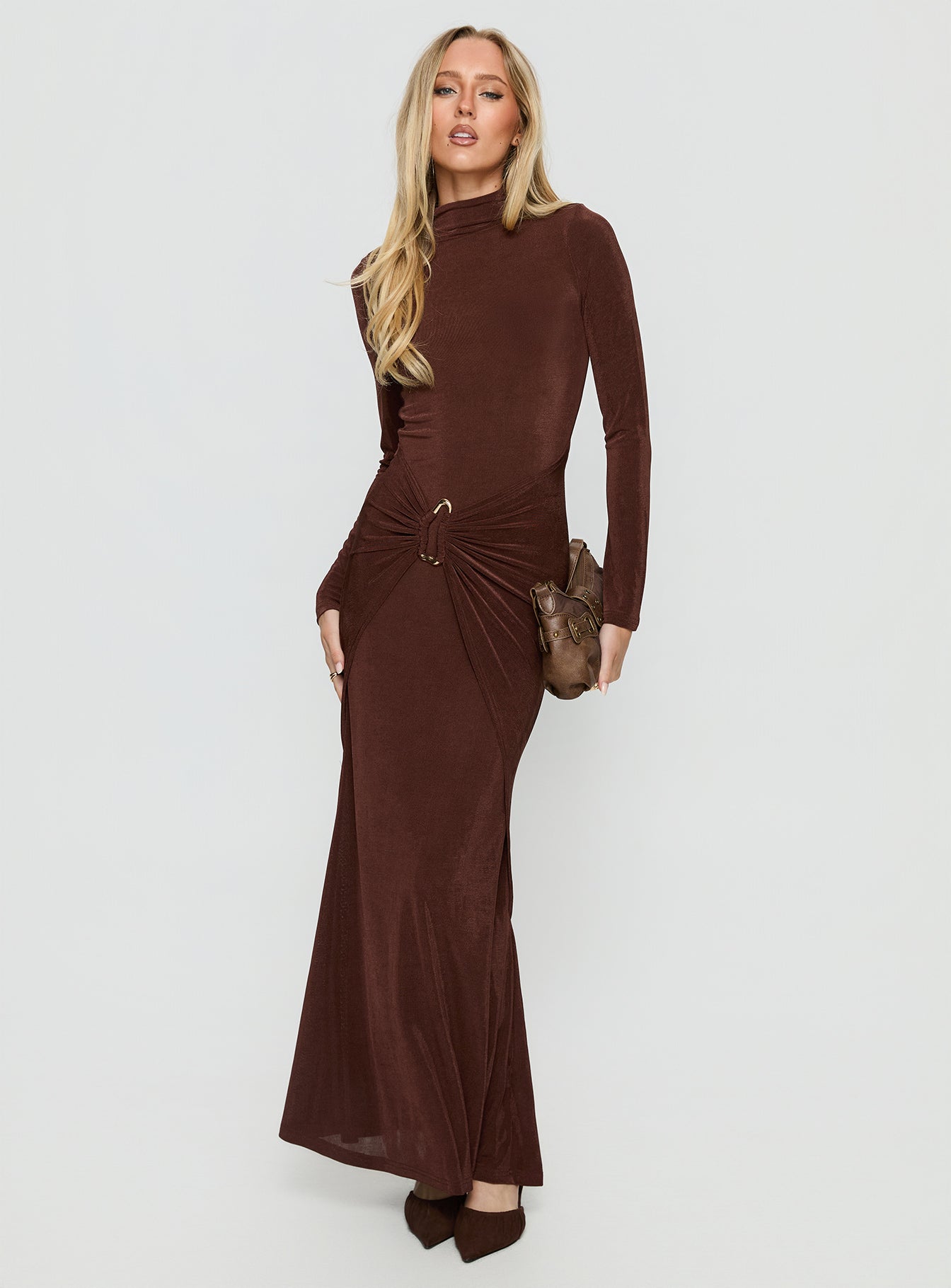 Yaqueline Long Sleeve Ruched Maxi Dress Chocolate - Image 2