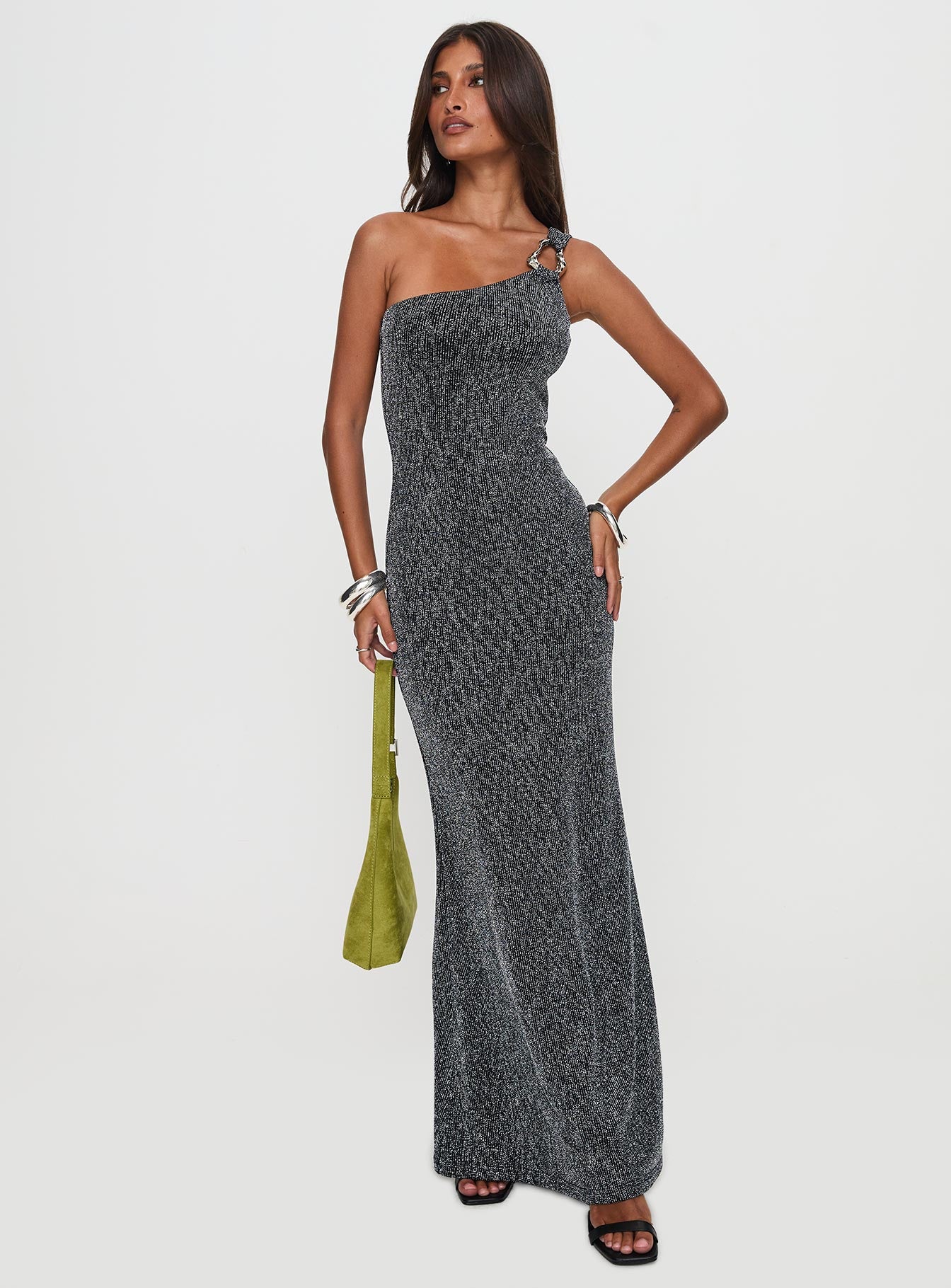 Beckon One Shoulder Maxi Dress Black Glitter - Image 2