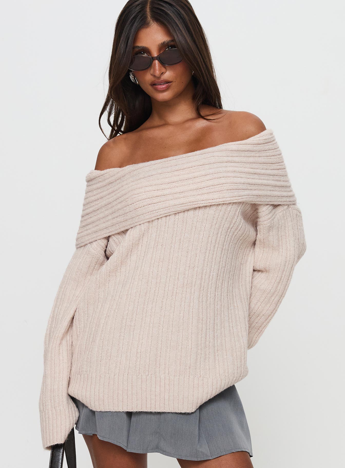 Mirrelle Off Shoulder Knit Sweater Beige - Image 2