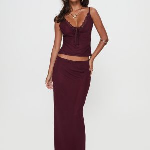 Reiko Lace Trim Tie Front Maxi Set Burgundy