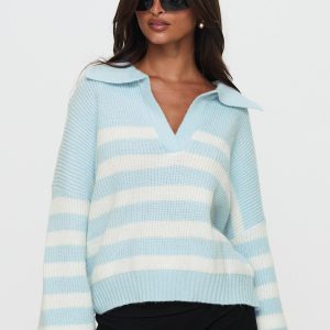 Carolena Long Sleeve Collared Knit Sweater Blue / White Stripe
