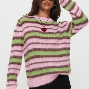 Maysie Crew Neck Knit Sweater Green / Pink