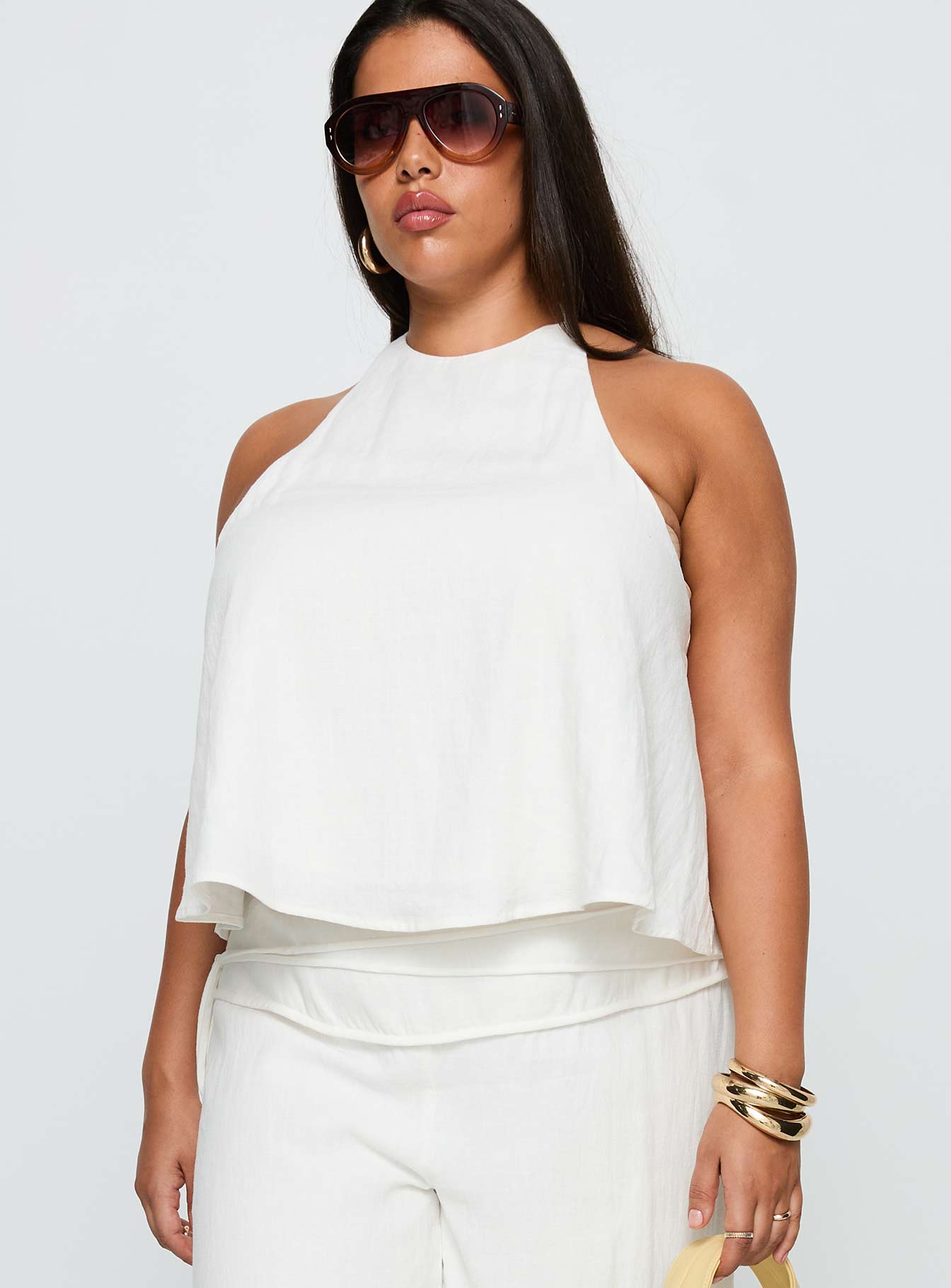 Aquaria Halter Linen Blend Top White Curve - Image 2