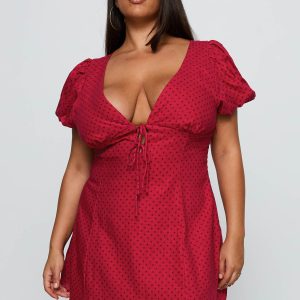 Beloved Puff Sleeve Linen Blend Mini Dress Red Polka Curve