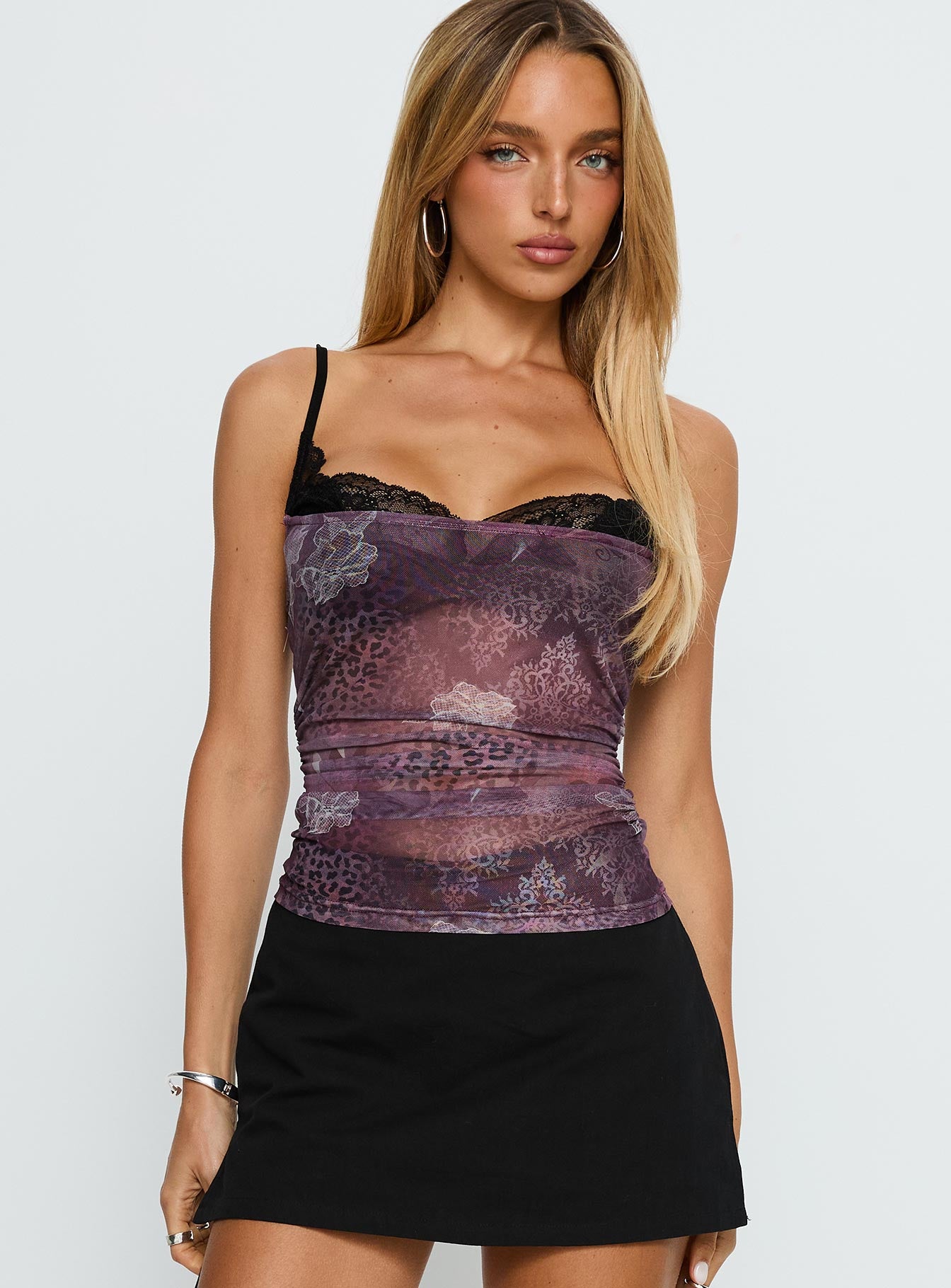 Worldly Mesh Bra Layered Corset Top Purple - Image 3