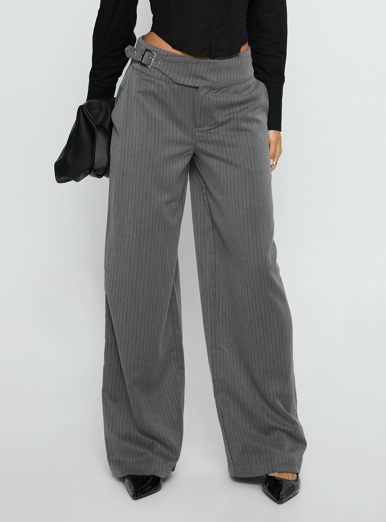 Jinny Relaxed Buckle Tailored Pants Grey Pinstripe - Image 2