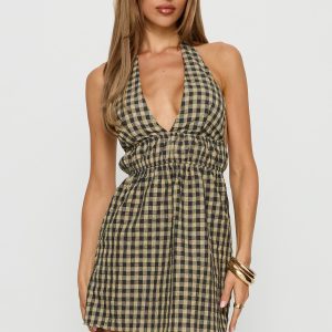 Naomy Halter Flare Mini Dress Black Check