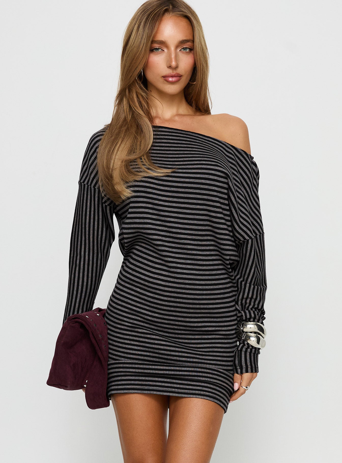 Alayne Long Sleeve Knit Mini Dress Black / Grey Stripe - Image 2