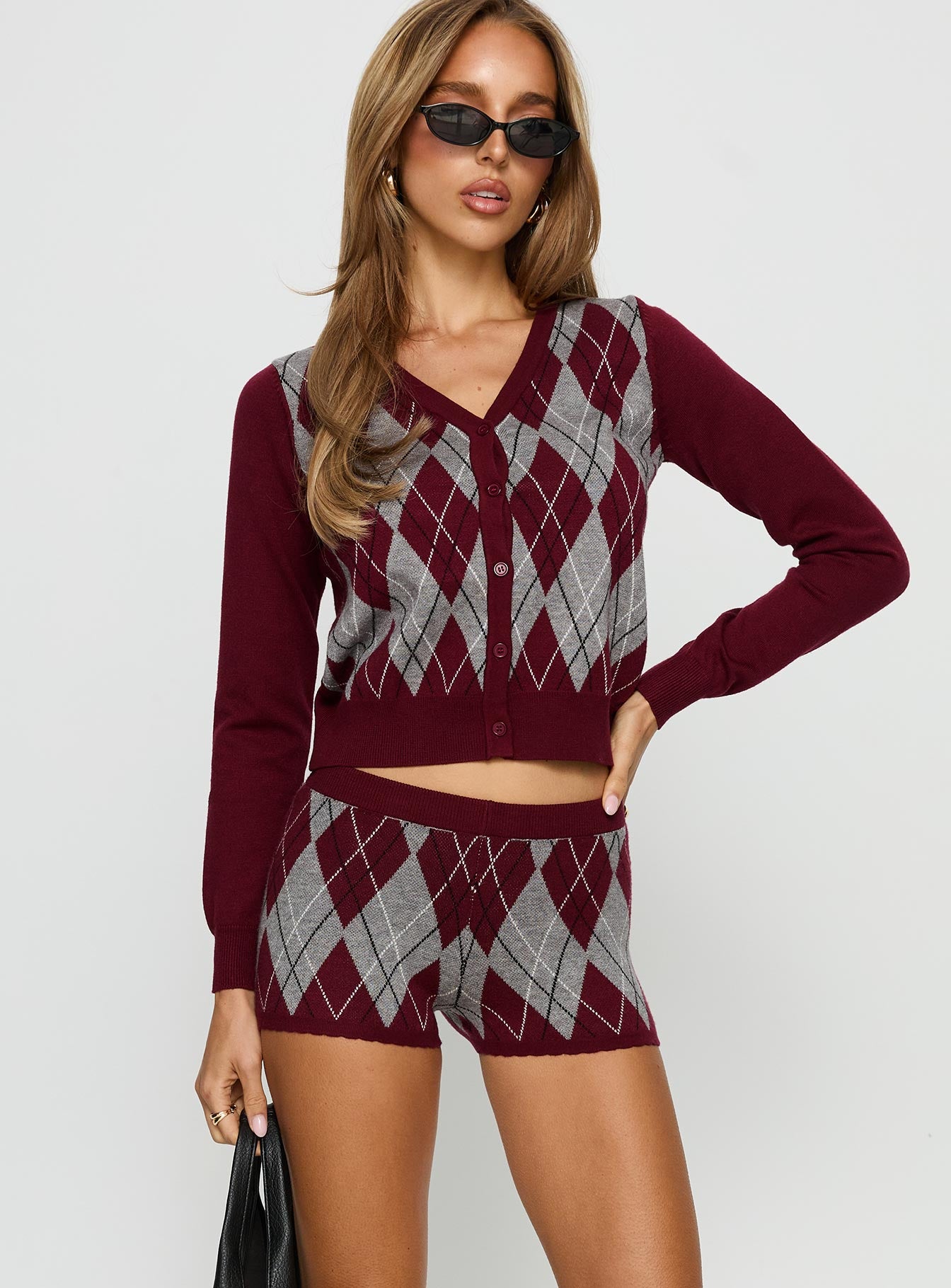 Raiven Knit Shorts Burgundy Argyle - Image 2