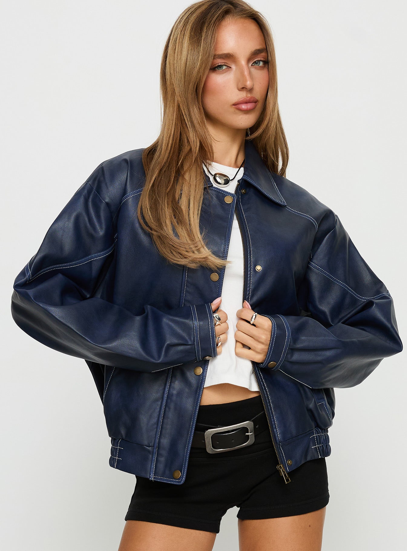 Jaxton Faux Leather Jacket Navy - Image 2