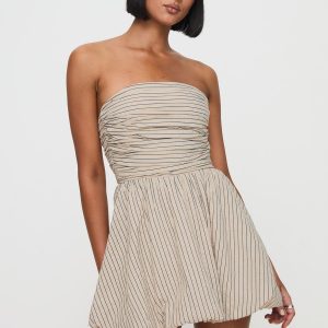 Quinette Strapless Bubble Hem Mini Dress Beige Stripe