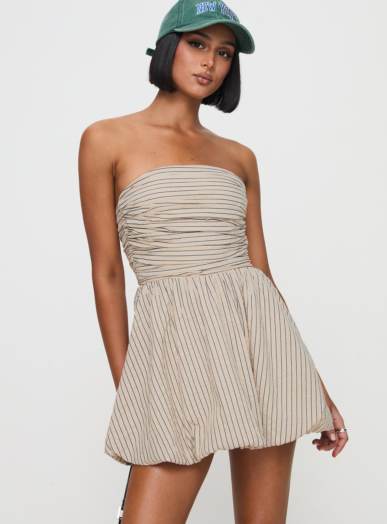Quinette Strapless Bubble Hem Mini Dress Beige Stripe