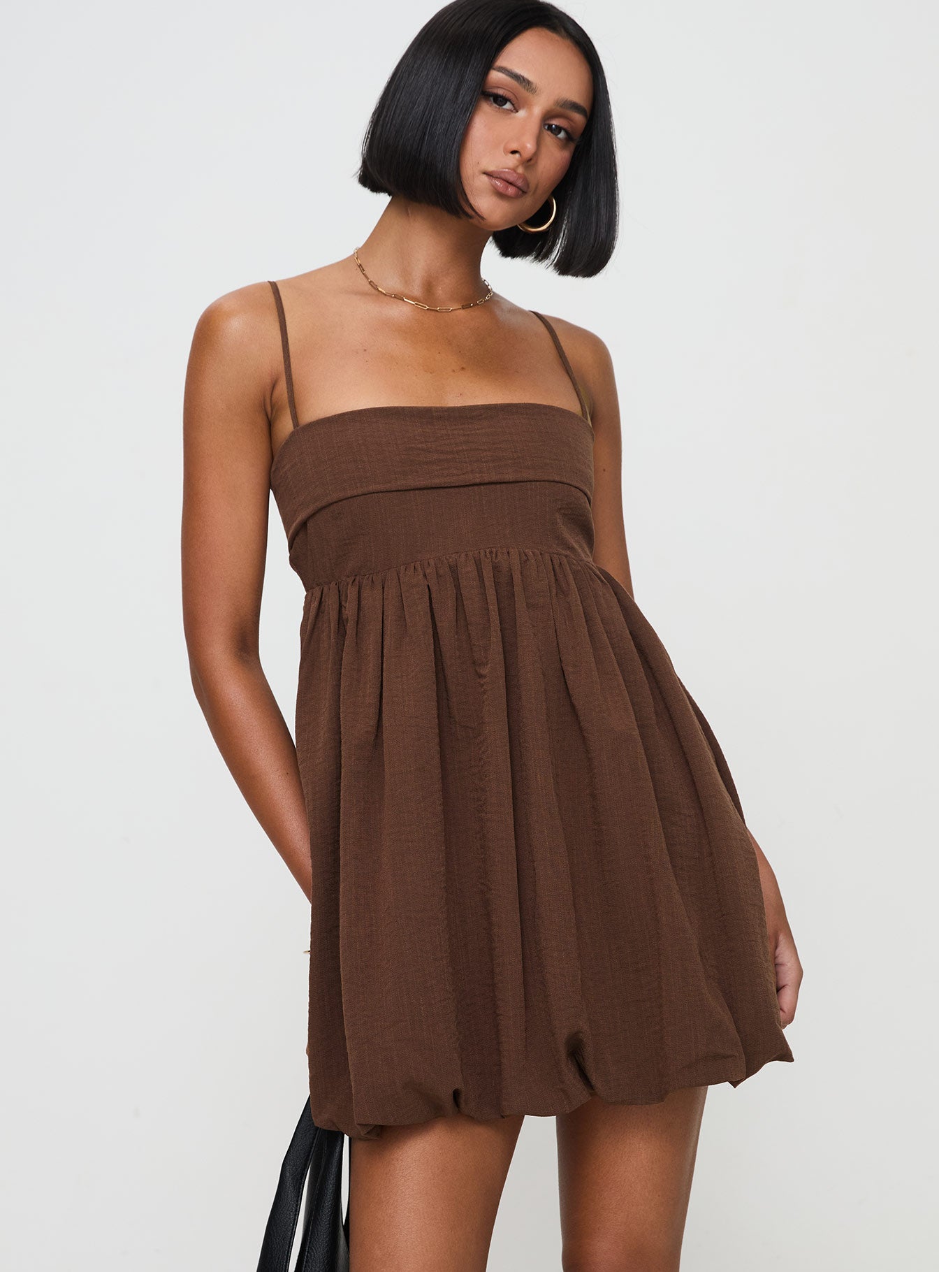 Layken Bubble Hem Mini Dress Chocolate Petite - Image 2