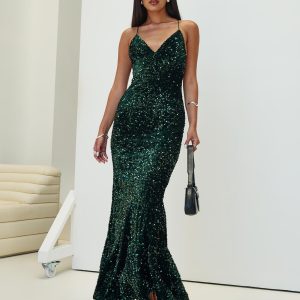 Charlette Sparkle Maxi Dress Dark Green