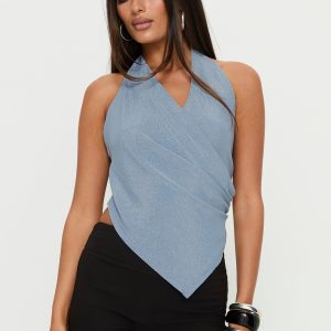 Lillyan Cross Front Backless Top Blue Shimmer