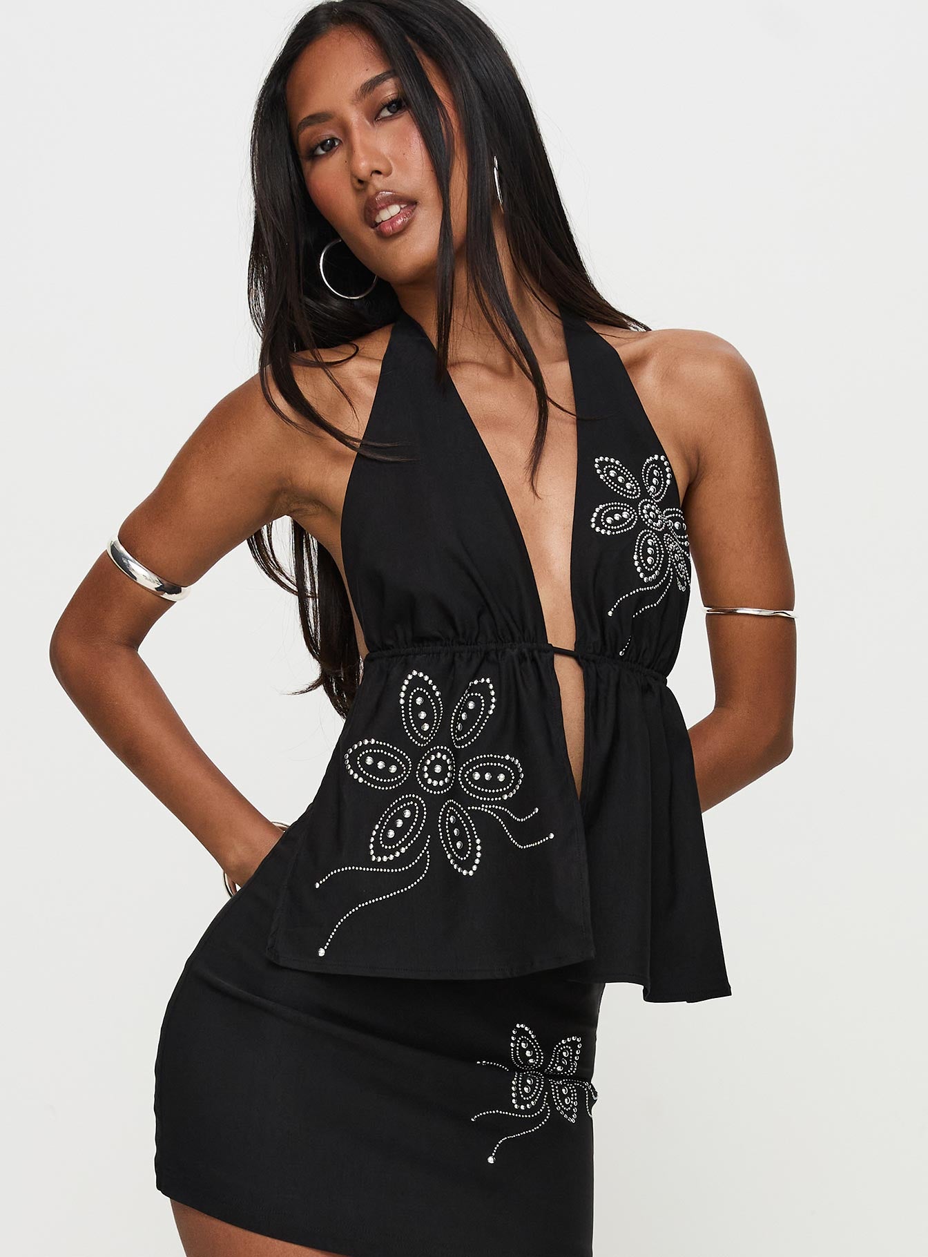 Quotation Diamante Halter Backless Top Black - Image 2