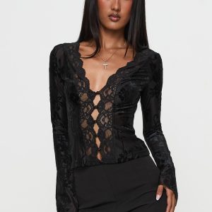Find An Angel Long Sleeve Lace Trim Top Black