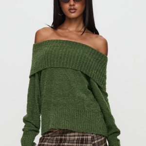 Parkley Boucle Off The Shoulder Sweater Olive