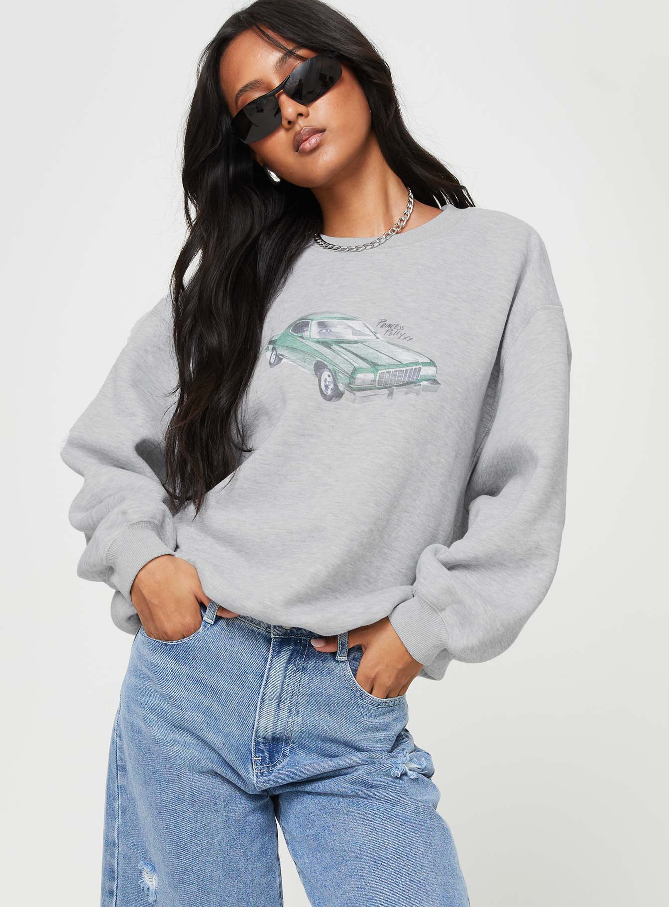 Retro Car Crew Neck Sweatshirt Grey Marle - Image 2