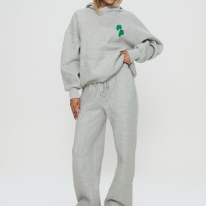 Princess Polly Wide Leg Track Pant Bubble Text Grey Marle / Green