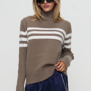 Bessemer Funnel Neck Knit Sweater Mocha Stripe
