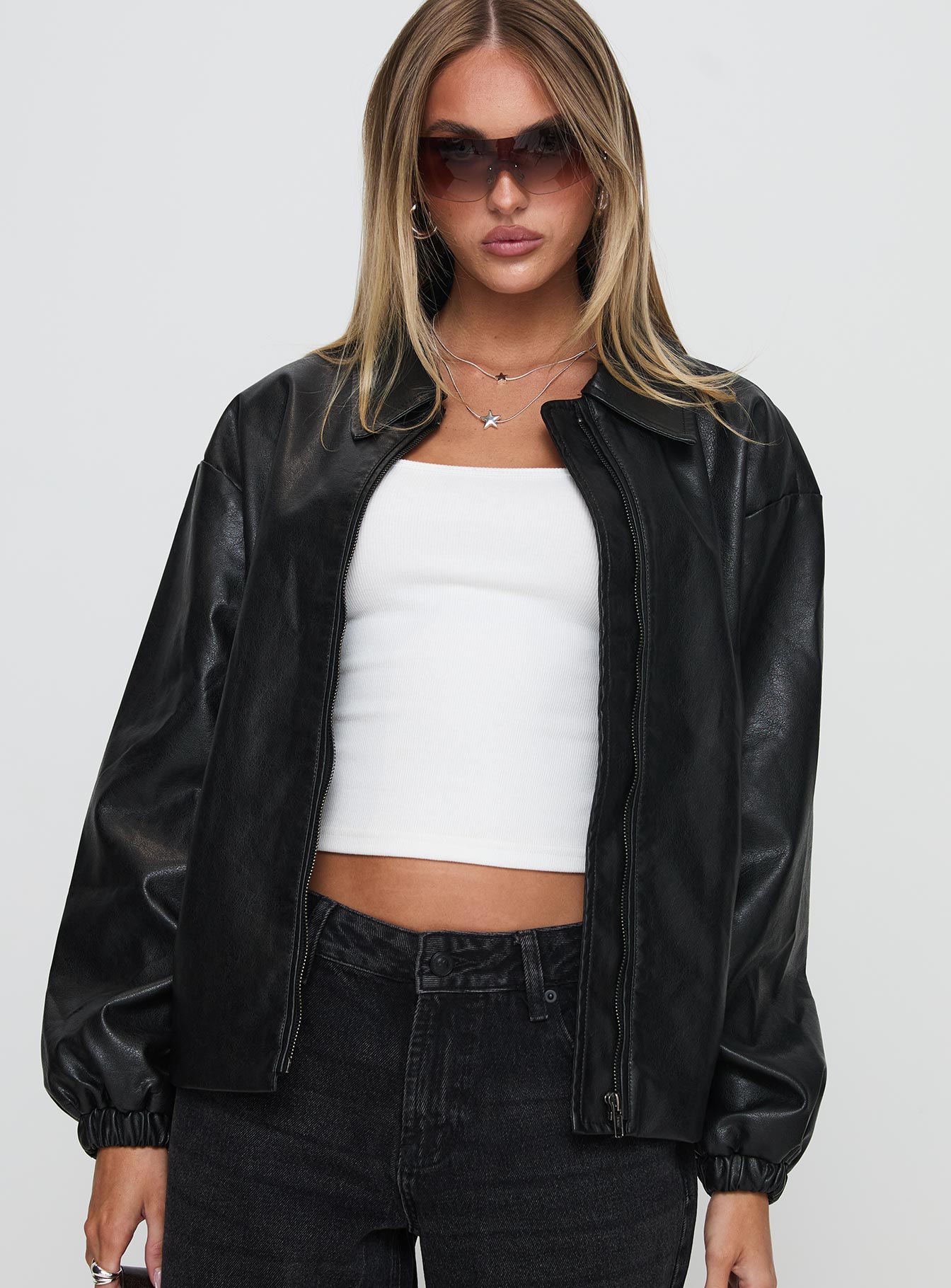 Missed Call Faux Leather Bomber Jacket Black - Image 2