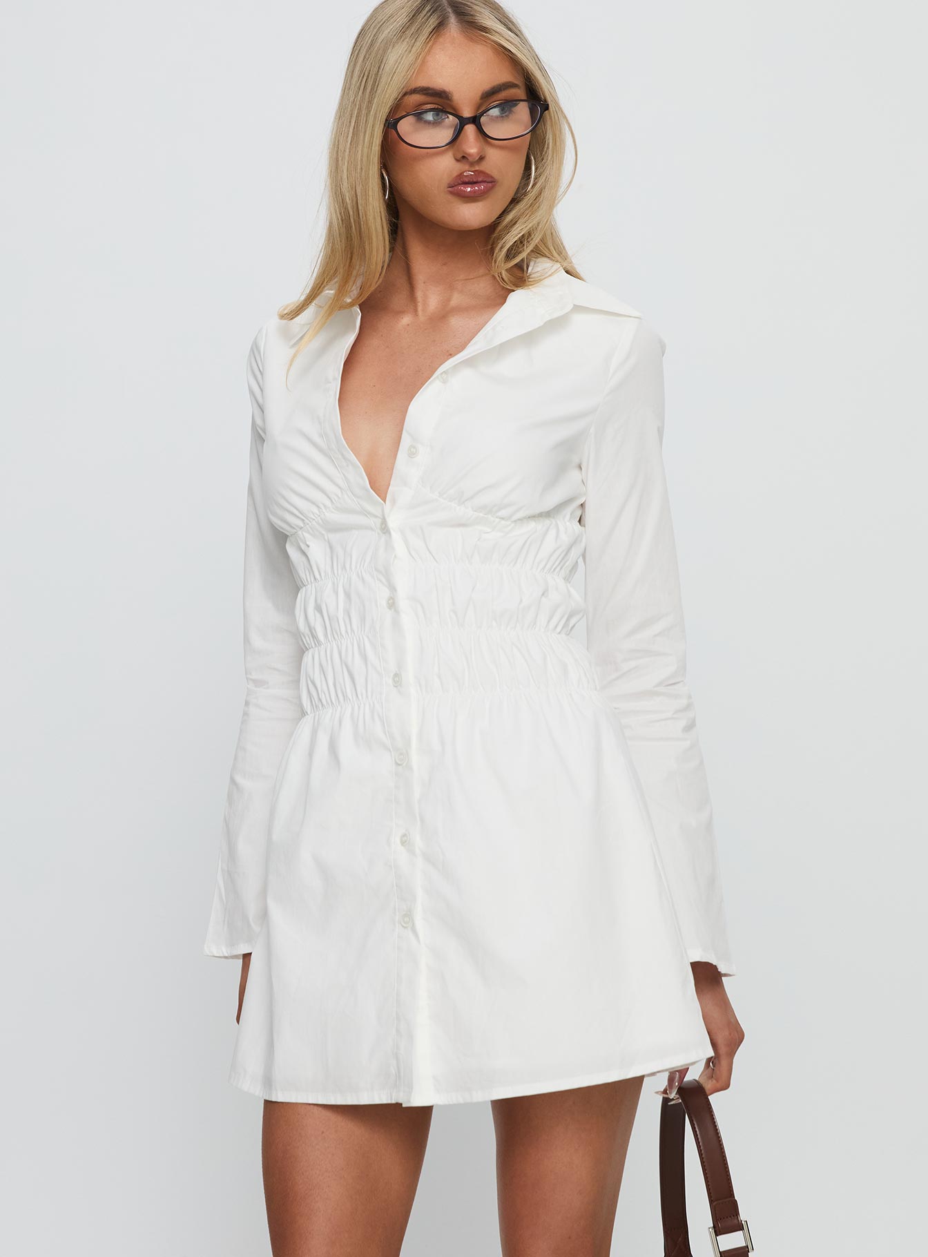 Stellaria Ruched Long Sleeve Mini Dress White - Image 2
