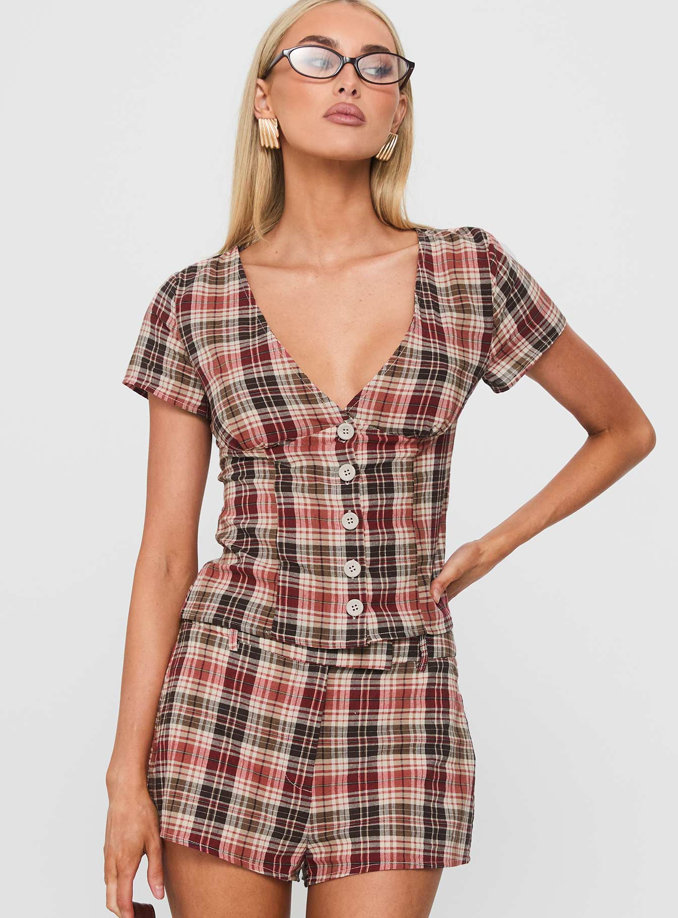 Odera Button Up Blouse Top Red Check - Image 2