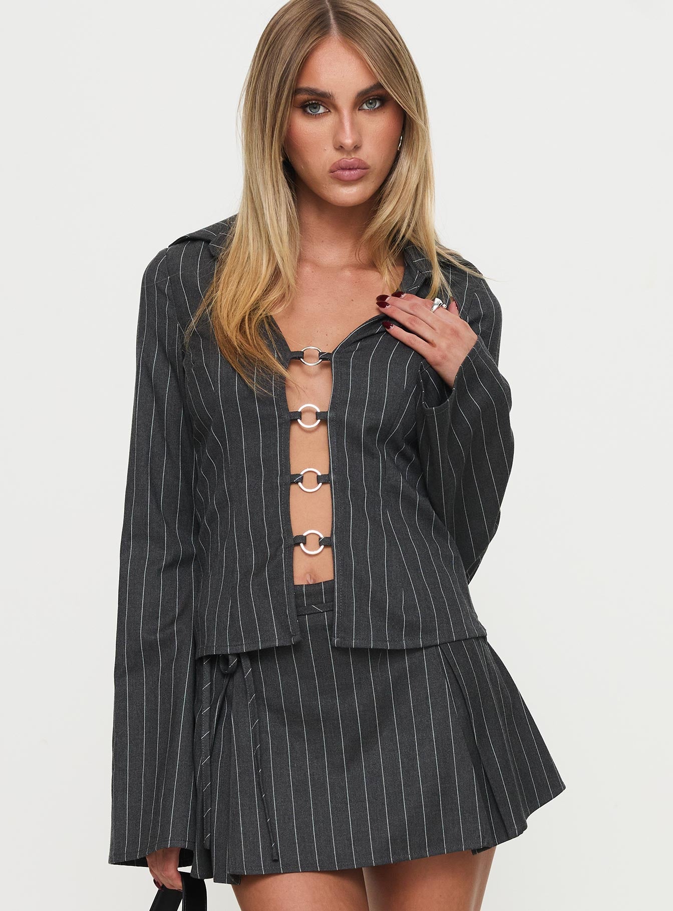 Saraya Long Sleeve Ring Top Grey Pinstripe - Image 2