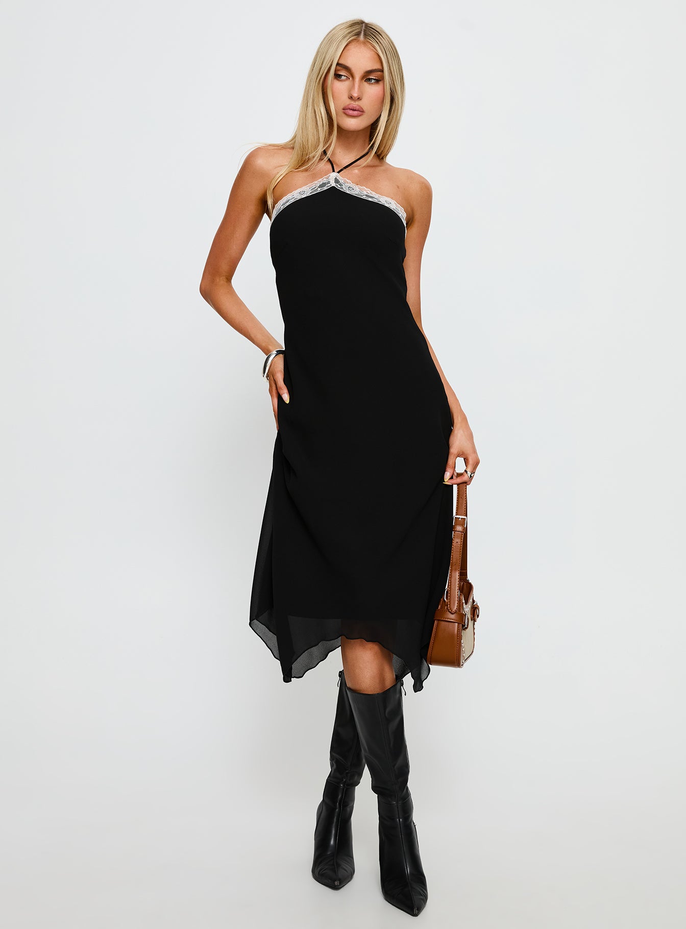 Naila Halter Lace Trim Midi Dress Black - Image 2