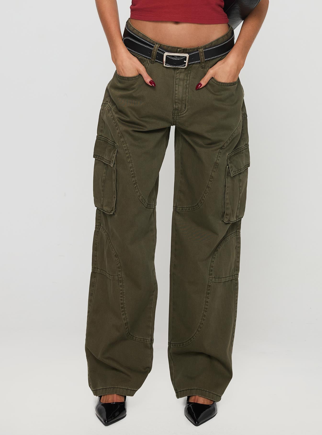 Ahstin Mid Rise Straight Leg Cargo Jeans Green Petite - Image 2